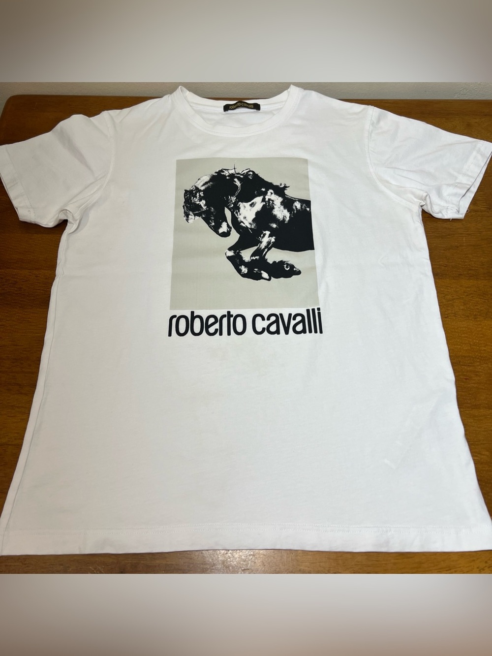Roberto Cavalli White Graphic Tee with Black Horse Print Size MEDIUM - Picture 2 of 6
